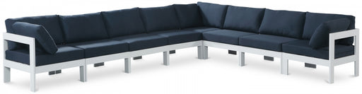 Meridian Furniture - Nizuc 150" Water Resistant Fabric Upholstered Outdoor Patio 8 Piece Modular Sectional - 375Navy-Sec8A - GreatFurnitureDeal
