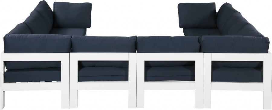 Meridian Furniture - Nizuc 120" Water Resistant Fabric Upholstered Outdoor Patio 8 Piece Modular Sectional - 375Navy-Sec8B - GreatFurnitureDeal
