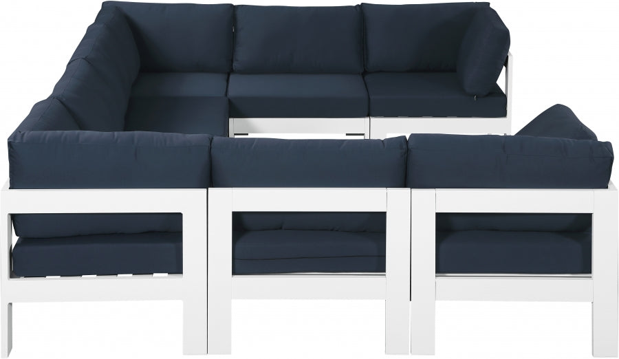 Meridian Furniture - Nizuc 120" Water Resistant Fabric Upholstered Outdoor Patio 8 Piece Modular Sectional - 375Navy-Sec8B - GreatFurnitureDeal