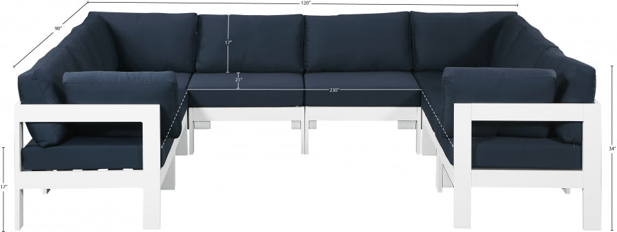 Meridian Furniture - Nizuc 120" Water Resistant Fabric Upholstered Outdoor Patio 8 Piece Modular Sectional - 375Navy-Sec8B - GreatFurnitureDeal