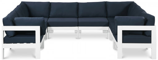 Meridian Furniture - Nizuc 120" Water Resistant Fabric Upholstered Outdoor Patio 8 Piece Modular Sectional - 375Navy-Sec8B - GreatFurnitureDeal