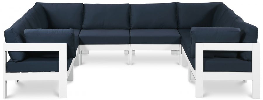 Meridian Furniture - Nizuc 120" Water Resistant Fabric Upholstered Outdoor Patio 8 Piece Modular Sectional - 375Navy-Sec8B - GreatFurnitureDeal