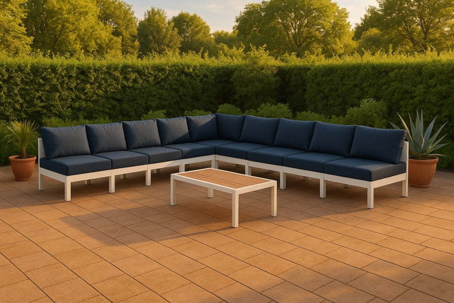 Meridian Furniture - Nizuc 150" Water Resistant Fabric Upholstered Outdoor Patio 9 Piece Modular Sectional - 375Navy-Sec9A - GreatFurnitureDeal