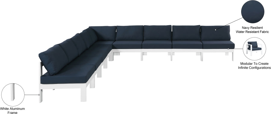 Meridian Furniture - Nizuc 150" Water Resistant Fabric Upholstered Outdoor Patio 9 Piece Modular Sectional - 375Navy-Sec9A - GreatFurnitureDeal