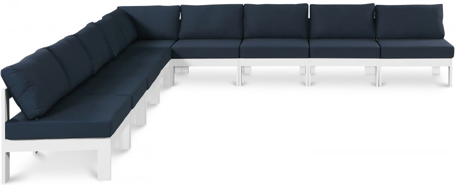 Meridian Furniture - Nizuc 150" Water Resistant Fabric Upholstered Outdoor Patio 9 Piece Modular Sectional - 375Navy-Sec9A - GreatFurnitureDeal