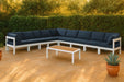 Meridian Furniture - Nizuc 150" Water Resistant Fabric Upholstered Outdoor Patio 9 Piece Modular Sectional - 375Navy-Sec9B - GreatFurnitureDeal