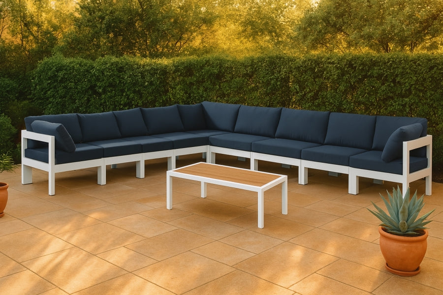 Meridian Furniture - Nizuc 150" Water Resistant Fabric Upholstered Outdoor Patio 9 Piece Modular Sectional - 375Navy-Sec9B - GreatFurnitureDeal