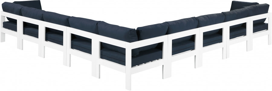 Meridian Furniture - Nizuc 150" Water Resistant Fabric Upholstered Outdoor Patio 9 Piece Modular Sectional - 375Navy-Sec9B - GreatFurnitureDeal