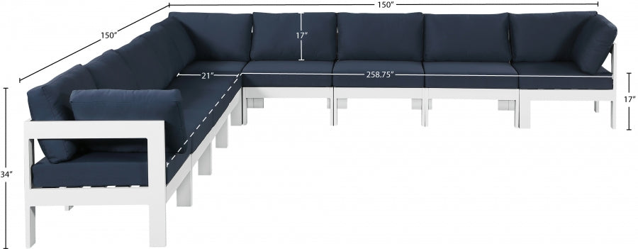 Meridian Furniture - Nizuc 150" Water Resistant Fabric Upholstered Outdoor Patio 9 Piece Modular Sectional - 375Navy-Sec9B - GreatFurnitureDeal