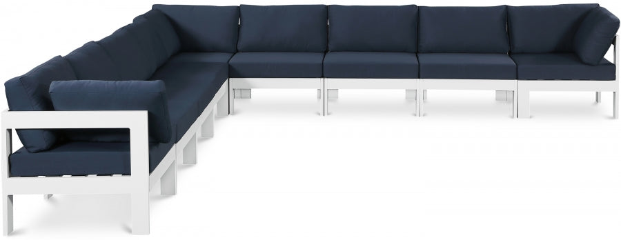 Meridian Furniture - Nizuc 150" Water Resistant Fabric Upholstered Outdoor Patio 9 Piece Modular Sectional - 375Navy-Sec9B - GreatFurnitureDeal