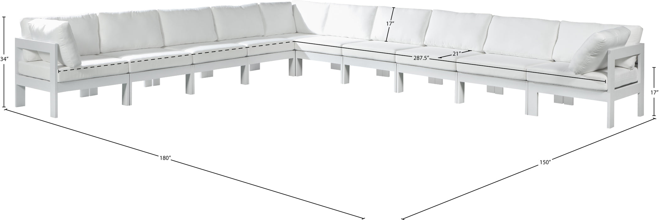 Meridian Furniture - Nizuc 180" Water Resistant Fabric Upholstered Outdoor Patio 10 Piece Modular Sectional - 375White-Sec10A - GreatFurnitureDeal