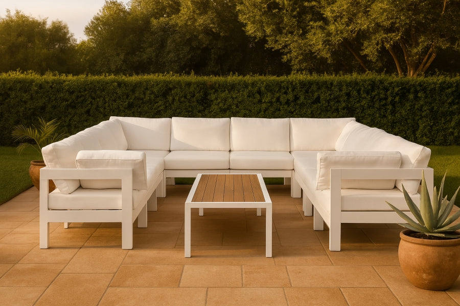 Meridian Furniture - Nizuc 120" Water Resistant Fabric Upholstered Outdoor Patio 10 Piece Modular Sectional - 375White-Sec10B - GreatFurnitureDeal