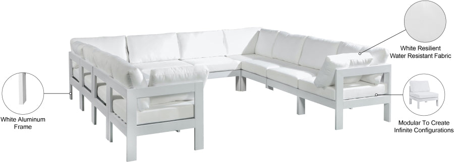 Meridian Furniture - Nizuc 120" Water Resistant Fabric Upholstered Outdoor Patio 10 Piece Modular Sectional - 375White-Sec10B - GreatFurnitureDeal