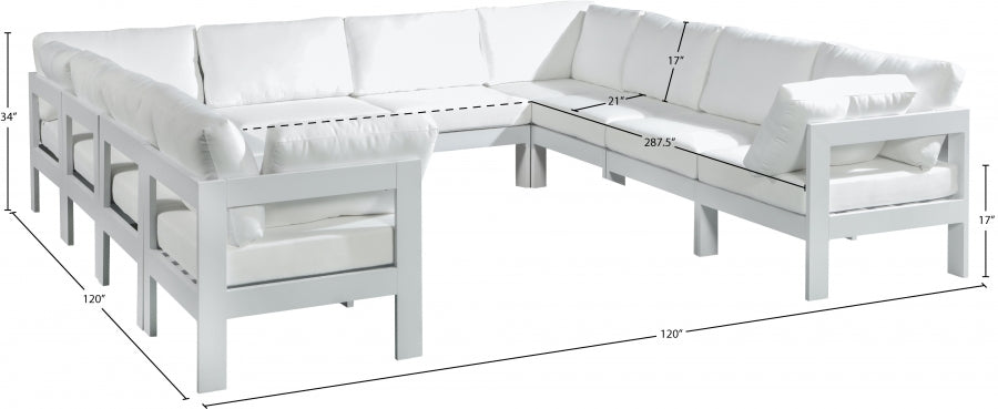 Meridian Furniture - Nizuc 120" Water Resistant Fabric Upholstered Outdoor Patio 10 Piece Modular Sectional - 375White-Sec10B - GreatFurnitureDeal