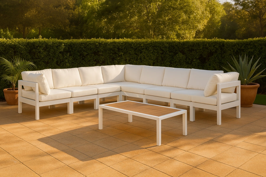Meridian Furniture - Nizuc 150" Water Resistant Fabric Upholstered Outdoor Patio 8 Piece Modular Sectional - 375White-Sec8A - GreatFurnitureDeal