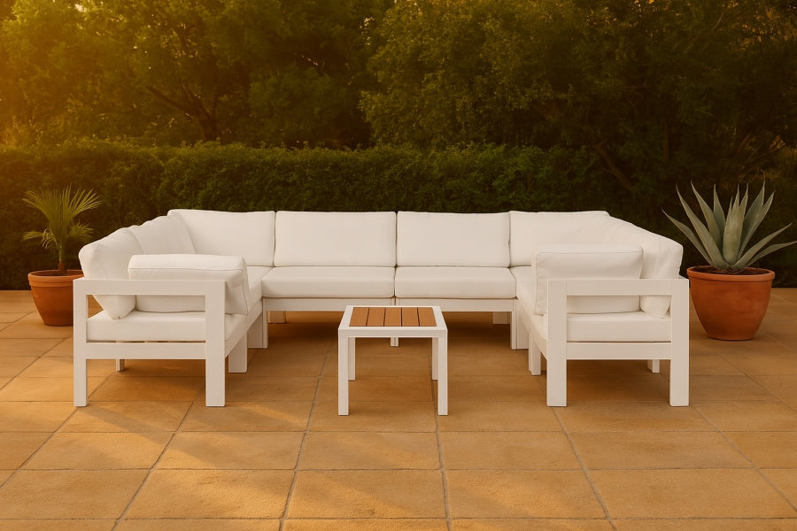 Meridian Furniture - Nizuc 120" Water Resistant Fabric Upholstered Outdoor Patio 8 Piece Modular Sectional - 375White-Sec8B - GreatFurnitureDeal
