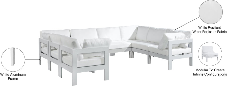 Meridian Furniture - Nizuc 120" Water Resistant Fabric Upholstered Outdoor Patio 8 Piece Modular Sectional - 375White-Sec8B - GreatFurnitureDeal