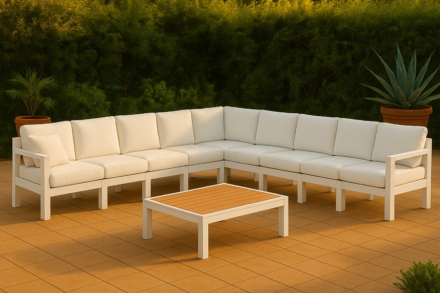 Meridian Furniture - Nizuc 150" Water Resistant Fabric Upholstered Outdoor Patio 9 Piece Modular Sectional - 375White-Sec9B - GreatFurnitureDeal