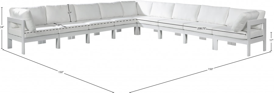 Meridian Furniture - Nizuc 150" Water Resistant Fabric Upholstered Outdoor Patio 9 Piece Modular Sectional - 375White-Sec9B - GreatFurnitureDeal