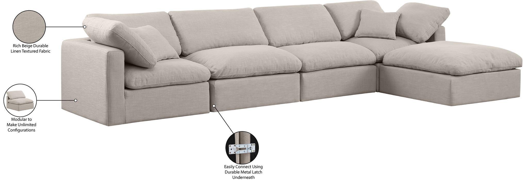 Meridian Furniture - Indulge 140" Beige Linen Textured Fabric Upholstered 5pc. Sectional - 141Beige-Sec5A - GreatFurnitureDeal