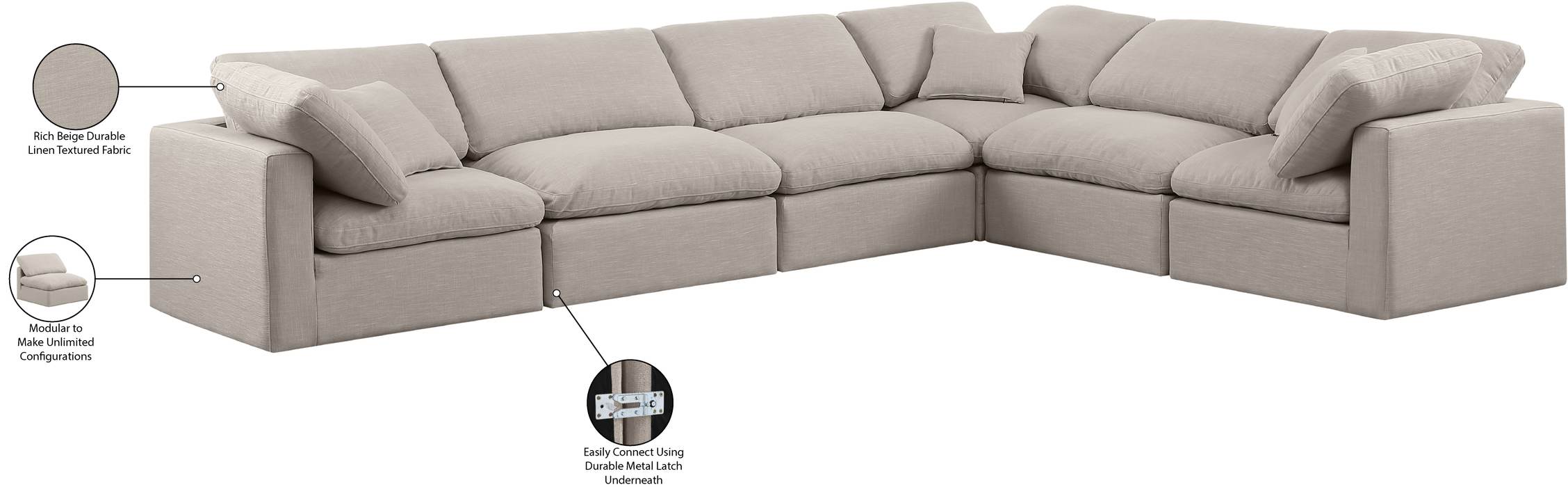 Meridian Furniture - Indulge 140" Beige Linen Textured Fabric Upholstered 6pc. Sectional - 141Beige-Sec6A - GreatFurnitureDeal