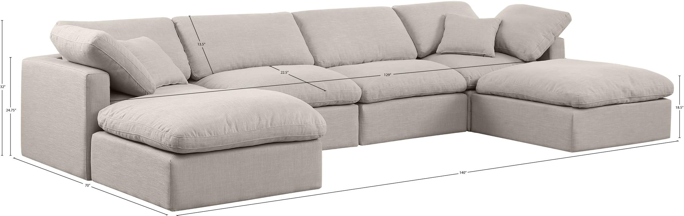 Meridian Furniture - Indulge 140" Beige Linen Textured Fabric Upholstered 6pc. Sectional - 141Beige-Sec6B - GreatFurnitureDeal