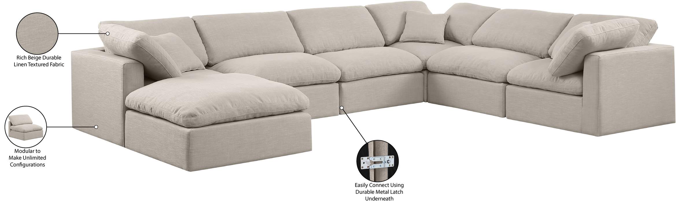 Meridian Furniture - Indulge 140" Beige Linen Textured Fabric Upholstered 7pc. Sectional - 141Beige-Sec7A - GreatFurnitureDeal