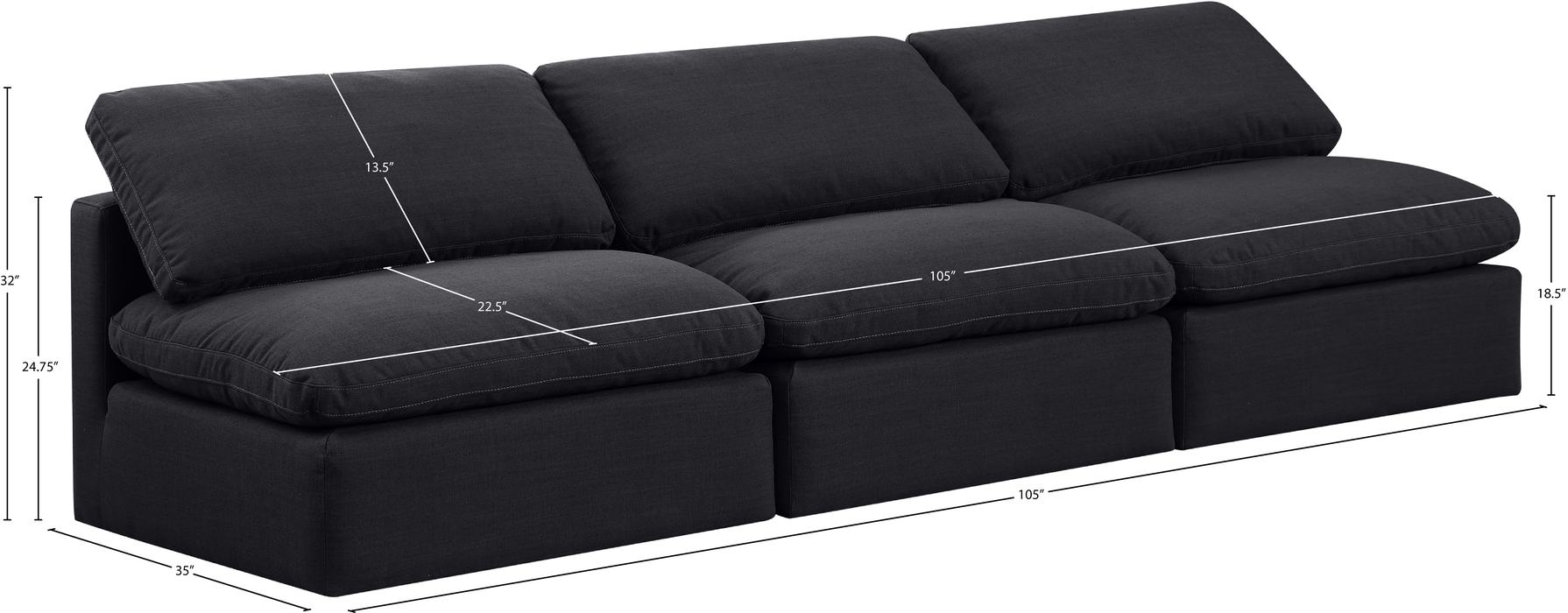 Meridian Furniture - Indulge 105" Black Linen Textured Fabric Upholstered 3pc. Armless Sofa - 141Black-S3 - GreatFurnitureDeal