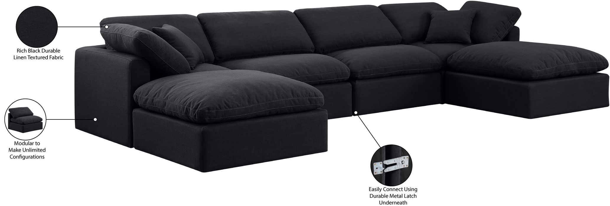 Meridian Furniture - Indulge 140" Black Linen Textured Fabric Upholstered 6pc. Sectional - 141Black-Sec6B - GreatFurnitureDeal