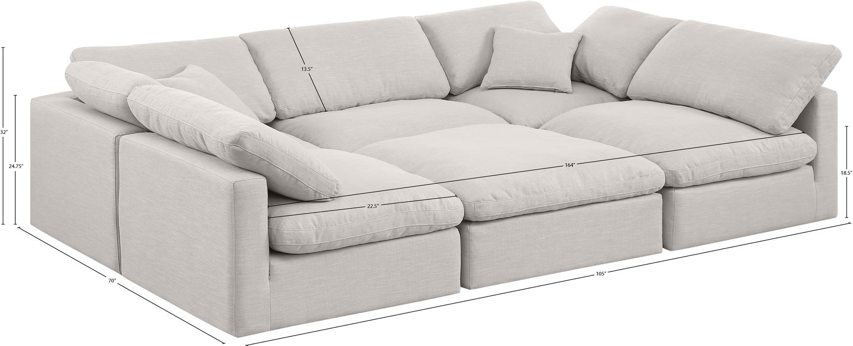Meridian Furniture - Indulge 105" Cream Linen Textured Fabric Upholstered 6pc. Sectional - 141Cream-Sec6C - GreatFurnitureDeal