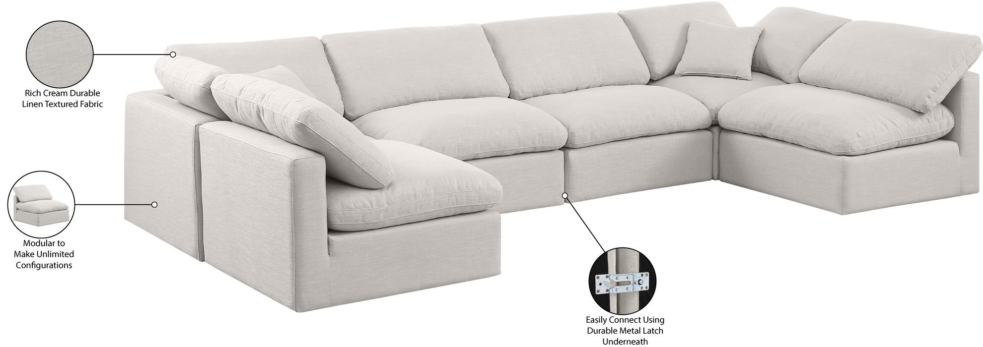 Meridian Furniture - Indulge 140" Cream Linen Textured Fabric Upholstered 6pc. Sectional - 141Cream-Sec6D - GreatFurnitureDeal