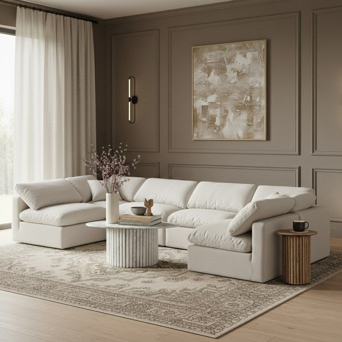 Meridian Furniture - Indulge 140" Cream Linen Textured Fabric Upholstered 6pc. Sectional - 141Cream-Sec6D - GreatFurnitureDeal