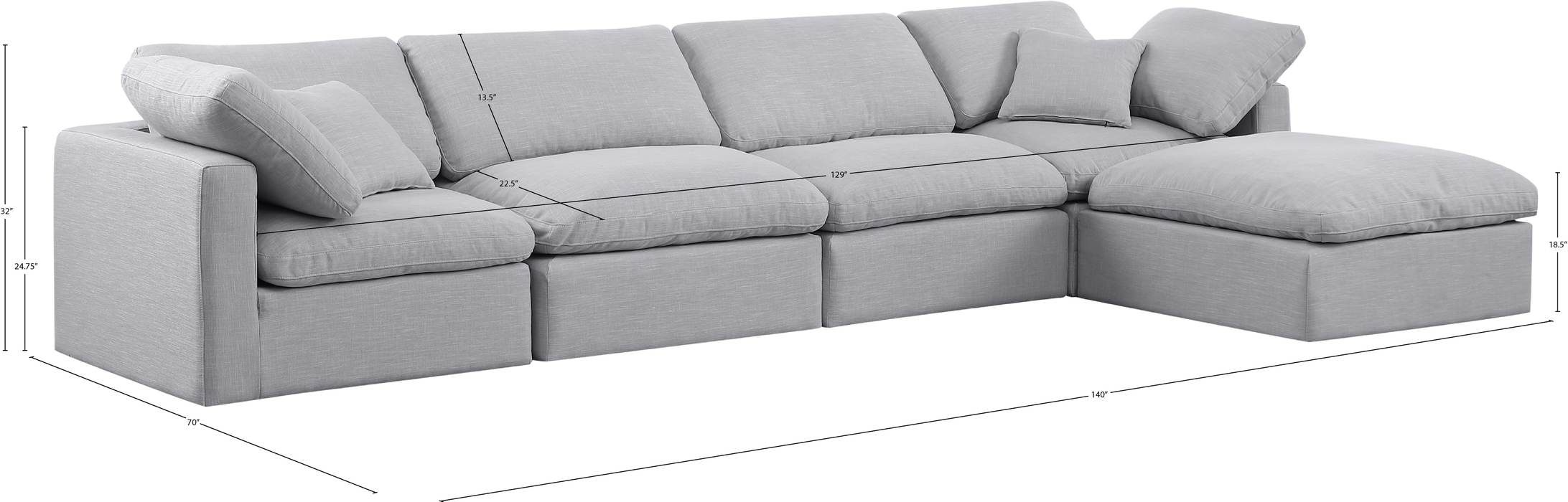 Meridian Furniture - Indulge 140" Grey Linen Textured Fabric Upholstered 5pc. Sectional - 141Grey-Sec5A - GreatFurnitureDeal
