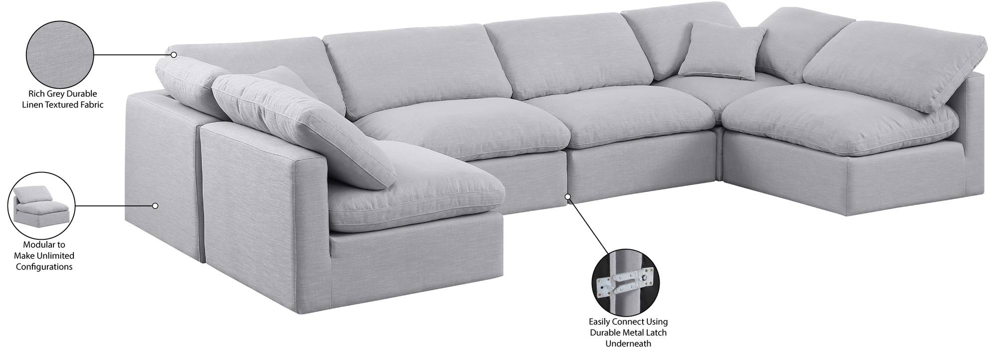 Meridian Furniture - Indulge 140" Grey Linen Textured Fabric Upholstered 6pc. Sectional - 141Grey-Sec6D - GreatFurnitureDeal