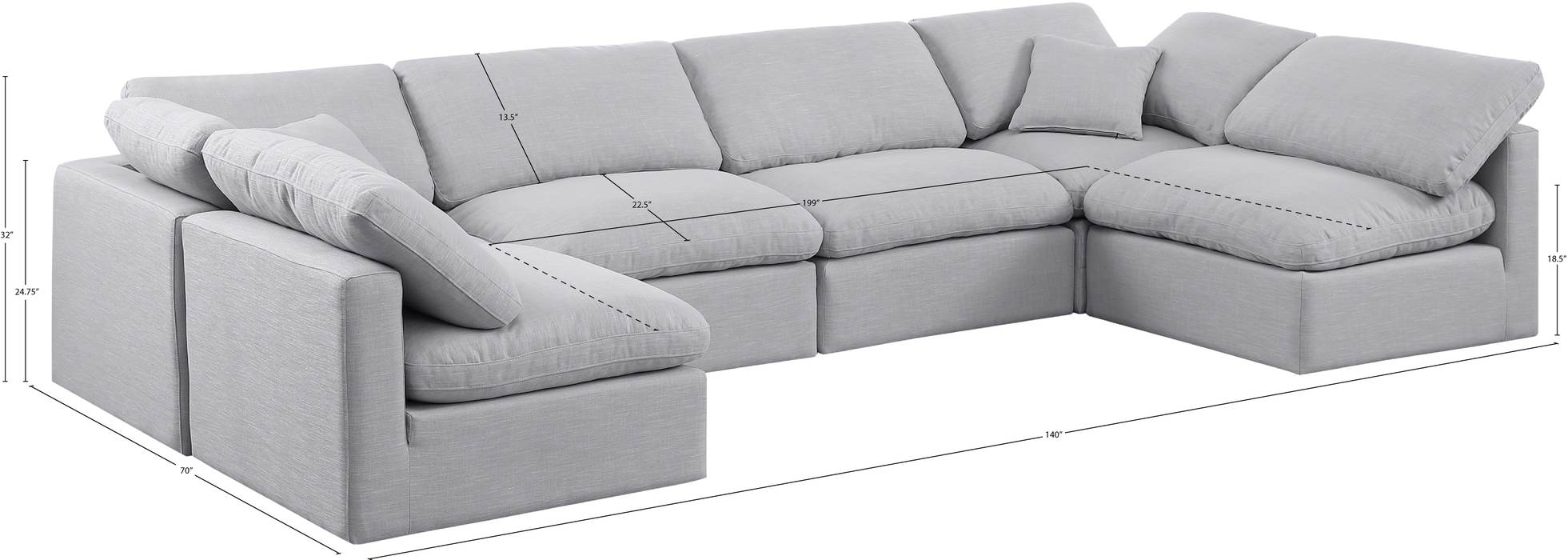 Meridian Furniture - Indulge 140" Grey Linen Textured Fabric Upholstered 6pc. Sectional - 141Grey-Sec6D - GreatFurnitureDeal