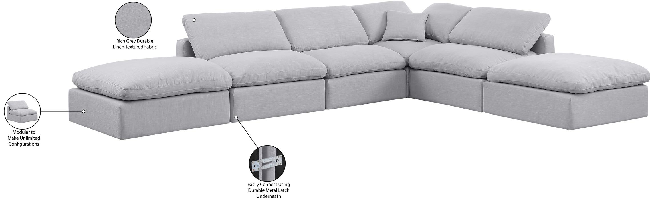 Meridian Furniture - Indulge 140" Grey Linen Textured Fabric Upholstered 6pc. Sectional - 141Grey-Sec6E - GreatFurnitureDeal
