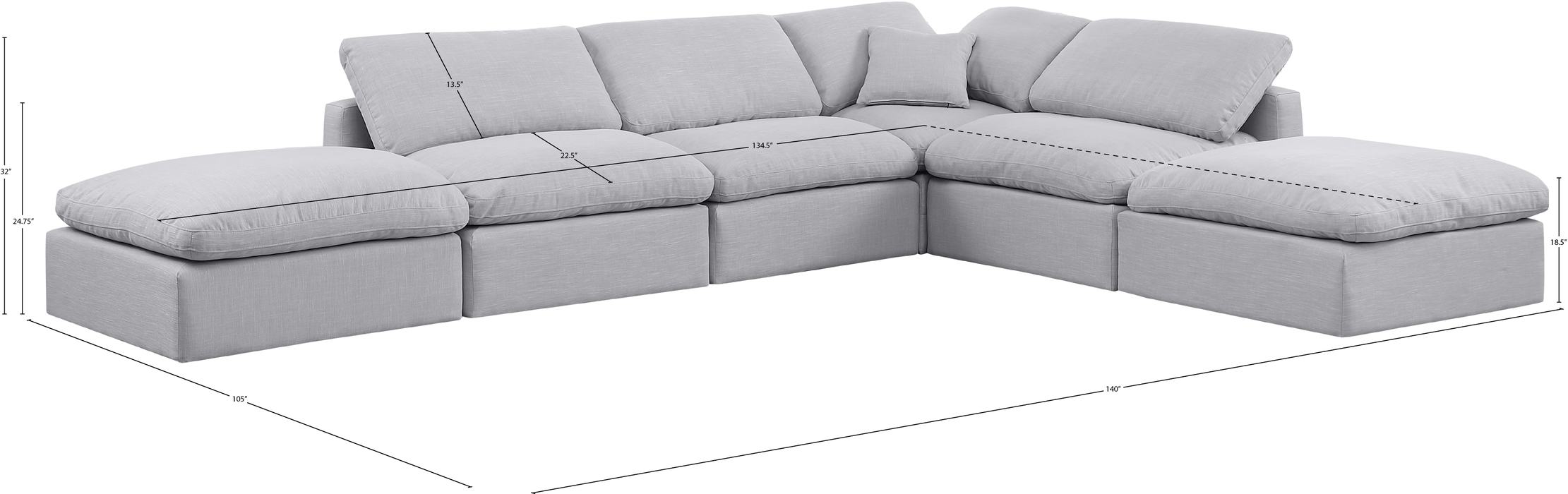 Meridian Furniture - Indulge 140" Grey Linen Textured Fabric Upholstered 6pc. Sectional - 141Grey-Sec6E - GreatFurnitureDeal