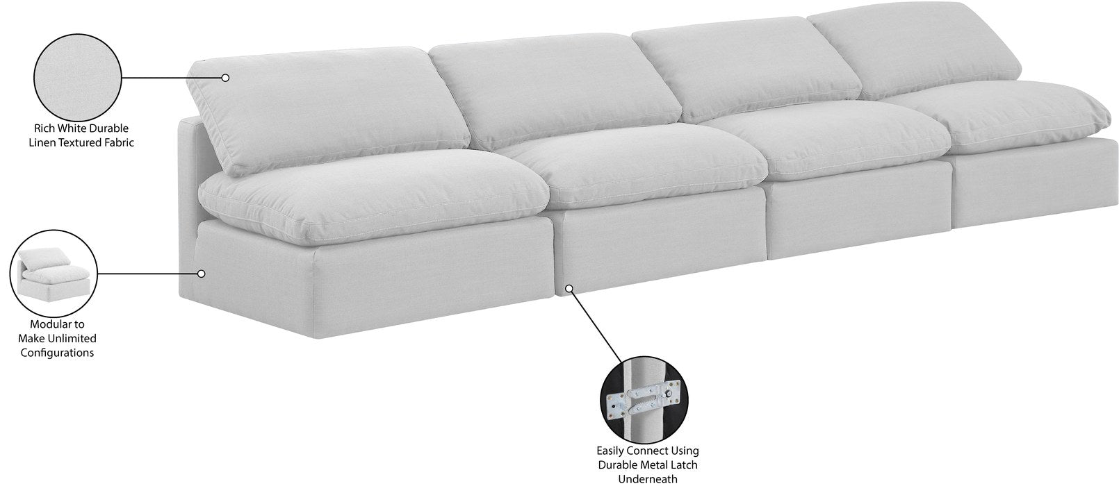 Meridian Furniture - Indulge 140" White Linen Textured Fabric Upholstered 4pc. Armless Sofa - 141White-S4 - GreatFurnitureDeal