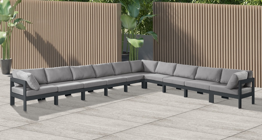 Meridian Furniture - Nizuc 180" Water Resistant Fabric Upholstered Outdoor Patio 10 Piece Modular Sectional - 376Grey-Sec10A - GreatFurnitureDeal