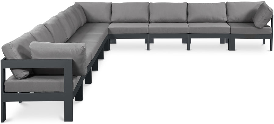Meridian Furniture - Nizuc 180" Water Resistant Fabric Upholstered Outdoor Patio 10 Piece Modular Sectional - 376Grey-Sec10A - GreatFurnitureDeal