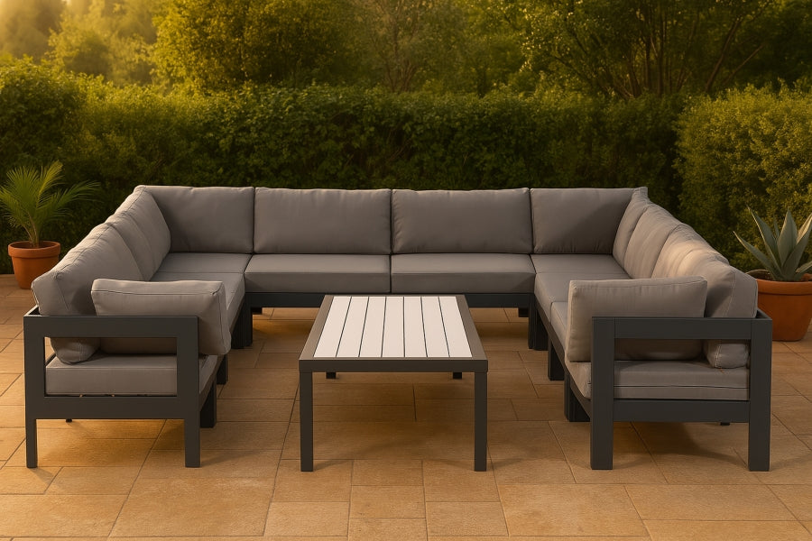 Meridian Furniture - Nizuc 120" Water Resistant Fabric Upholstered Outdoor Patio 10 Piece Modular Sectional - 376Grey-Sec10B - GreatFurnitureDeal