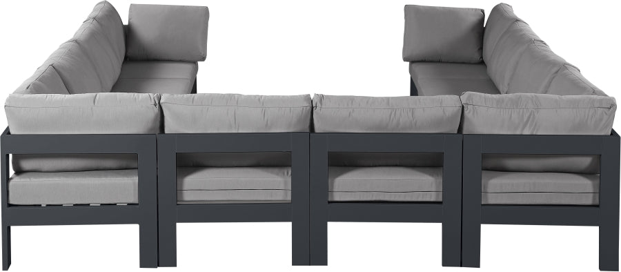 Meridian Furniture - Nizuc 120" Water Resistant Fabric Upholstered Outdoor Patio 10 Piece Modular Sectional - 376Grey-Sec10B - GreatFurnitureDeal