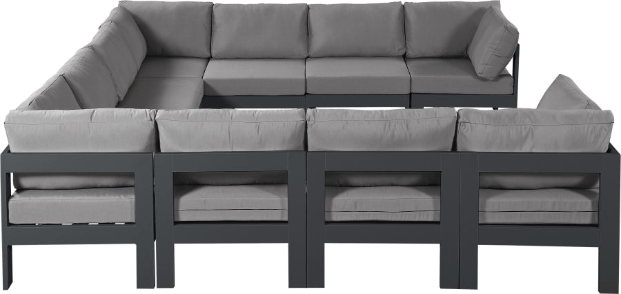 Meridian Furniture - Nizuc 120" Water Resistant Fabric Upholstered Outdoor Patio 10 Piece Modular Sectional - 376Grey-Sec10B - GreatFurnitureDeal