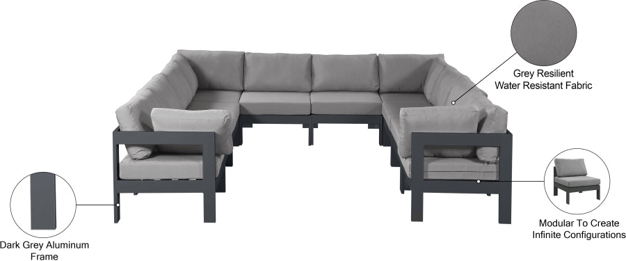Meridian Furniture - Nizuc 120" Water Resistant Fabric Upholstered Outdoor Patio 10 Piece Modular Sectional - 376Grey-Sec10B - GreatFurnitureDeal