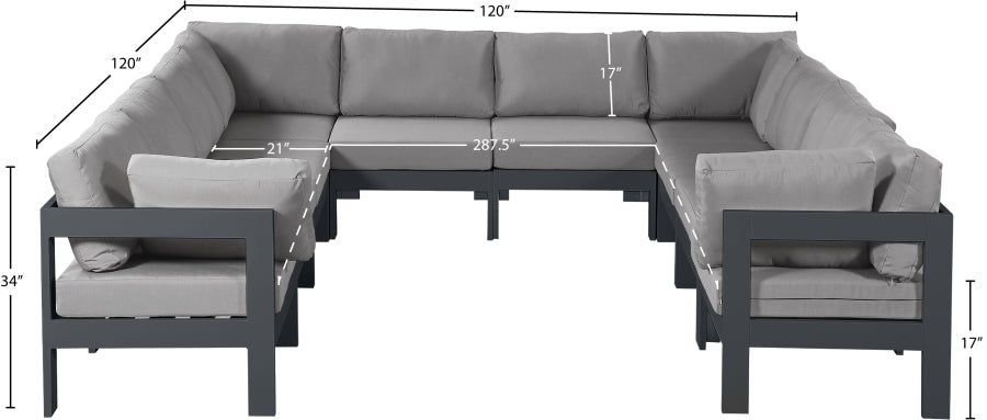 Meridian Furniture - Nizuc 120" Water Resistant Fabric Upholstered Outdoor Patio 10 Piece Modular Sectional - 376Grey-Sec10B - GreatFurnitureDeal