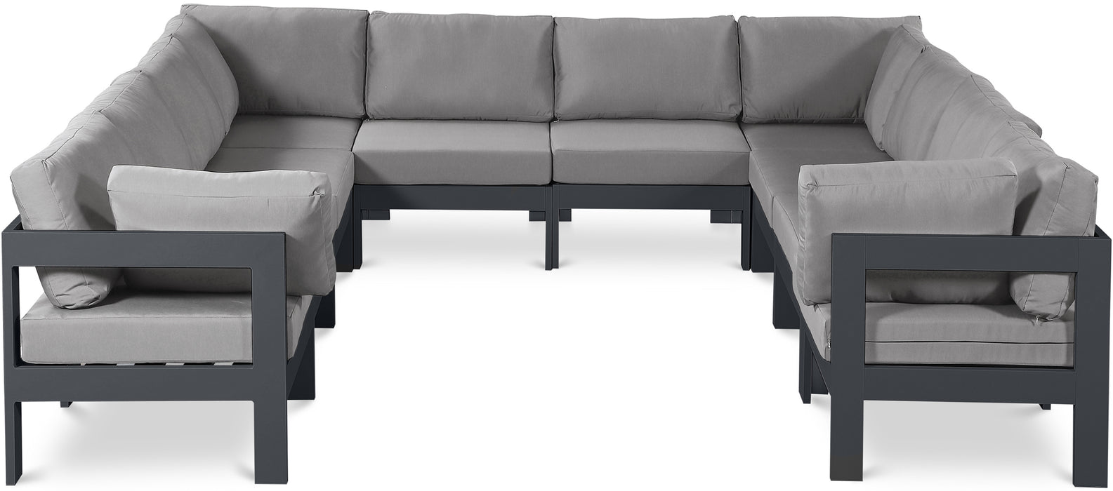 Meridian Furniture - Nizuc 120" Water Resistant Fabric Upholstered Outdoor Patio 10 Piece Modular Sectional - 376Grey-Sec10B - GreatFurnitureDeal