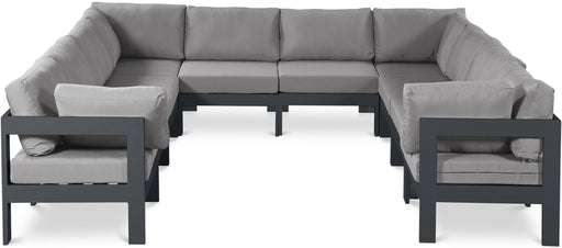 Meridian Furniture - Nizuc 120" Water Resistant Fabric Upholstered Outdoor Patio 10 Piece Modular Sectional - 376Grey-Sec10B - GreatFurnitureDeal