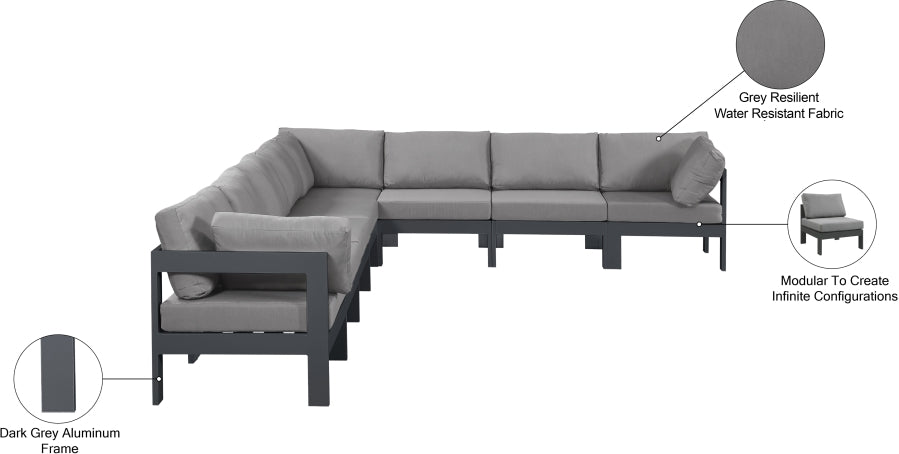 Meridian Furniture - Nizuc 150" Water Resistant Fabric Upholstered Outdoor Patio 8 Piece Modular Sectional - 376Grey-Sec8A - GreatFurnitureDeal