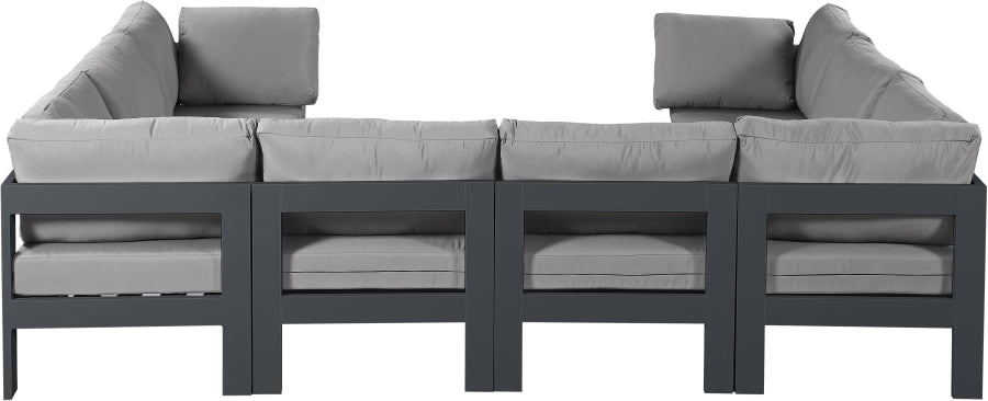 Meridian Furniture - Nizuc 120" Water Resistant Fabric Upholstered Outdoor Patio 8 Piece Modular Sectional - 376Grey-Sec8B - GreatFurnitureDeal