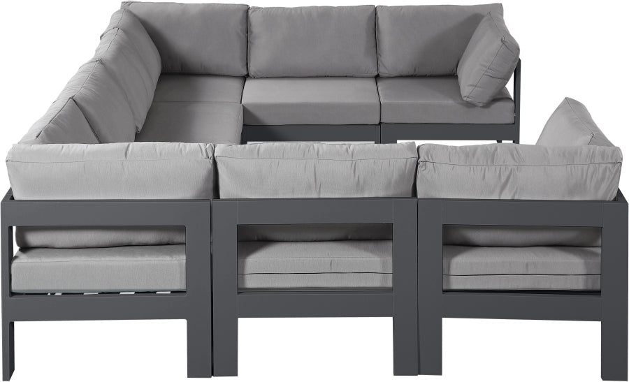Meridian Furniture - Nizuc 120" Water Resistant Fabric Upholstered Outdoor Patio 8 Piece Modular Sectional - 376Grey-Sec8B - GreatFurnitureDeal